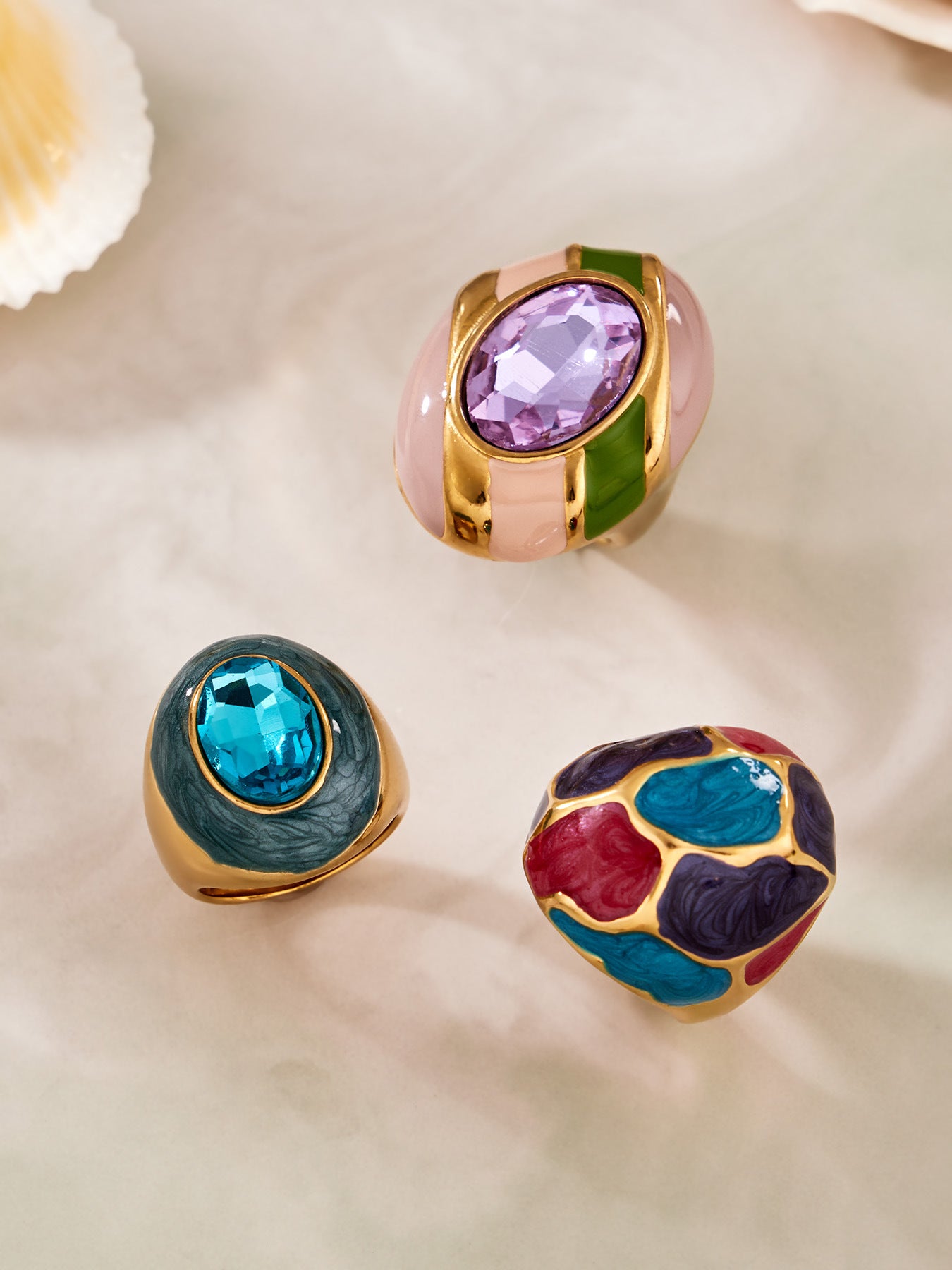316L Stainless Steel 18K Gold PVD Color Enamel Oval Glass Stone Ring - Color Enamel Oval Glass Stone Gold Ring Wholesale Stainless Steel Jewelry - Sensitive Skin Friendly - Detail 9