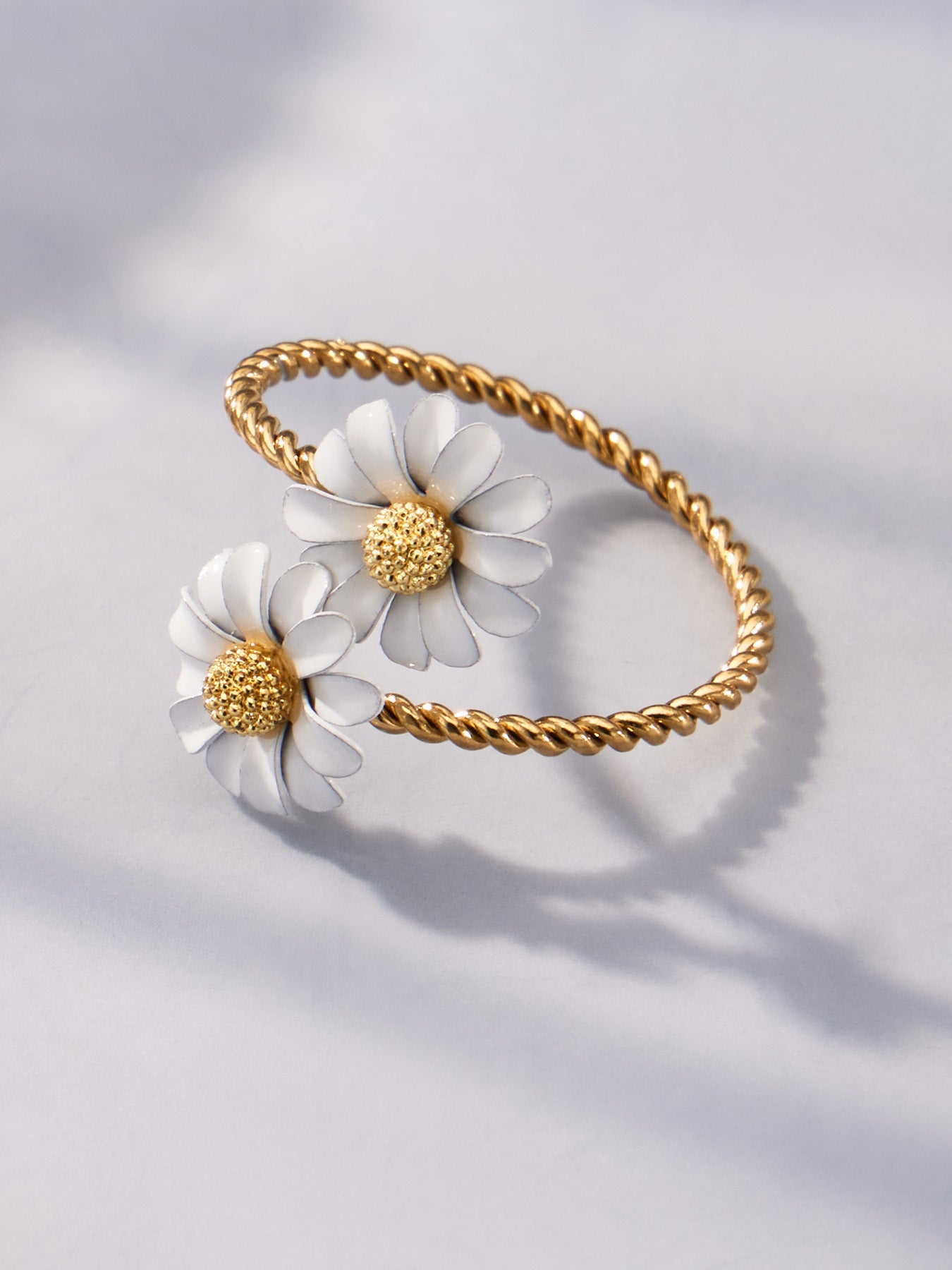 316L Stainless Steel 18K Gold PVD Colored Glass Flower Open Ring - Colored Glass Flower, Open Ring, Zircon Stone, Elegant, Fashion Band Wholesale Stainless Steel Jewelry - Sensitive Skin Friendly - Detail 1