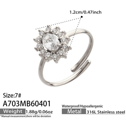 316L Stainless Steel 18K Gold PVD Colored Glass Flower Open Ring - Colored Glass Flower, Open Ring, Zircon Stone, Elegant, Fashion Band Wholesale Stainless Steel Jewelry - Sensitive Skin Friendly - Detail 10