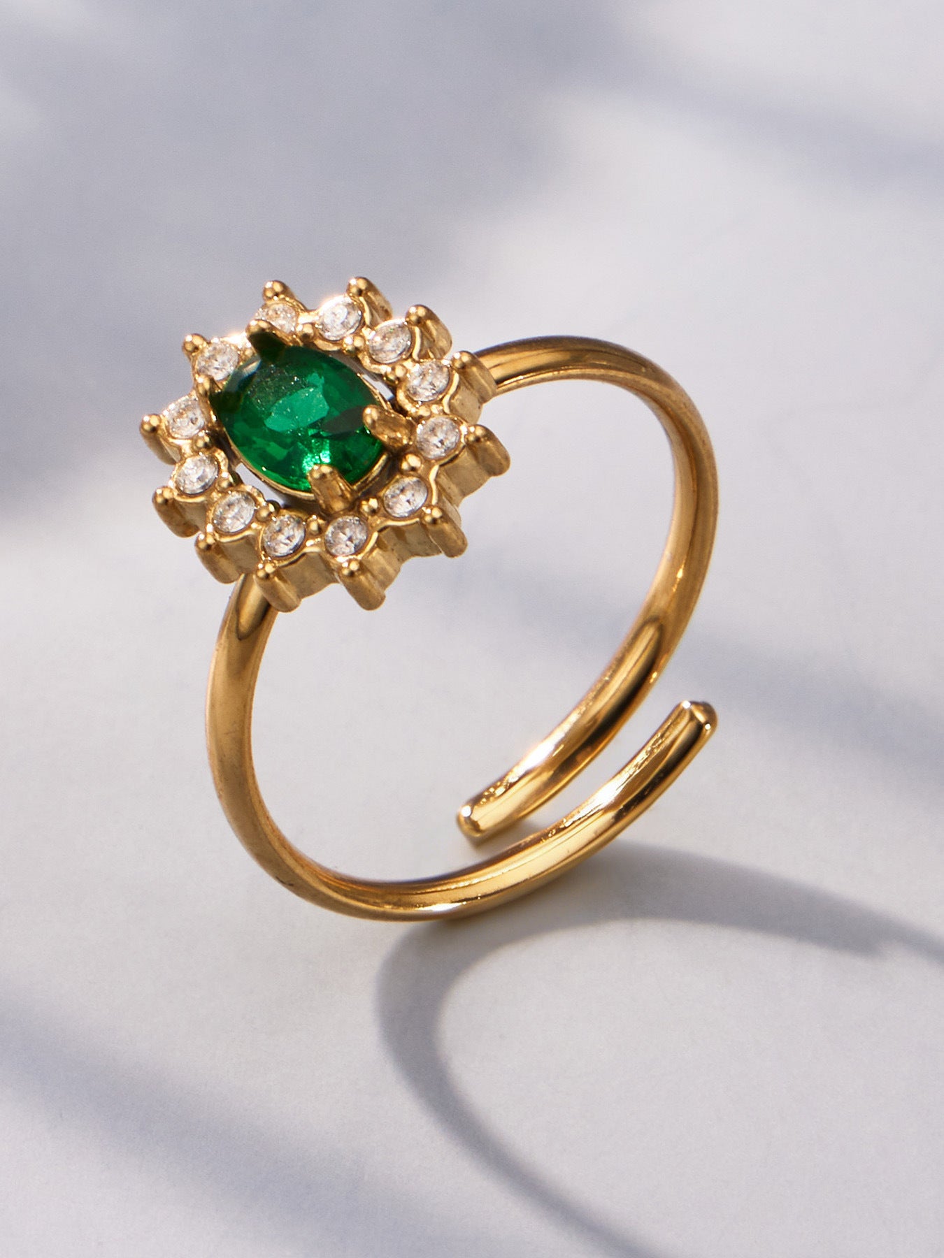 316L Stainless Steel 18K Gold PVD Colored Glass Flower Open Ring - Colored Glass Flower, Open Ring, Zircon Stone, Elegant, Fashion Band Wholesale Stainless Steel Jewelry - Sensitive Skin Friendly - Detail 11