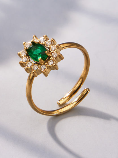 316L Stainless Steel 18K Gold PVD Colored Glass Flower Open Ring - Colored Glass Flower, Open Ring, Zircon Stone, Elegant, Fashion Band Wholesale Stainless Steel Jewelry - Sensitive Skin Friendly - Detail 11