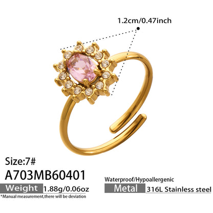 316L Stainless Steel 18K Gold PVD Colored Glass Flower Open Ring - Colored Glass Flower, Open Ring, Zircon Stone, Elegant, Fashion Band Wholesale Stainless Steel Jewelry - Sensitive Skin Friendly - Detail 12