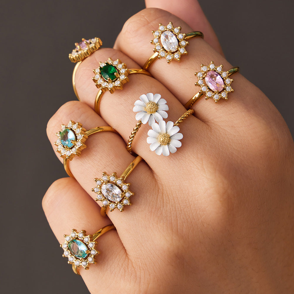 316L Stainless Steel 18K Gold PVD Colored Glass Flower Open Ring - Colored Glass Flower, Open Ring, Zircon Stone, Elegant, Fashion Band Wholesale Stainless Steel Jewelry - Sensitive Skin Friendly - Detail 13