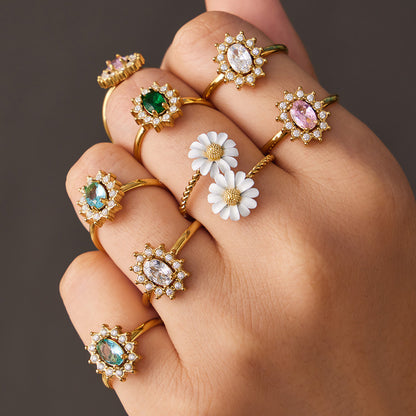 316L Stainless Steel 18K Gold PVD Colored Glass Flower Open Ring - Colored Glass Flower, Open Ring, Zircon Stone, Elegant, Fashion Band Wholesale Stainless Steel Jewelry - Sensitive Skin Friendly - Detail 13