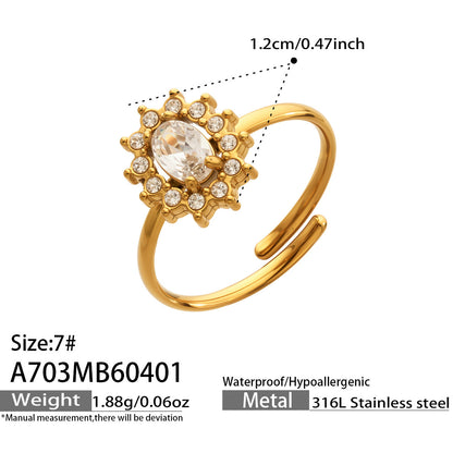 316L Stainless Steel 18K Gold PVD Colored Glass Flower Open Ring - Colored Glass Flower, Open Ring, Zircon Stone, Elegant, Fashion Band Wholesale Stainless Steel Jewelry - Sensitive Skin Friendly - Detail 14