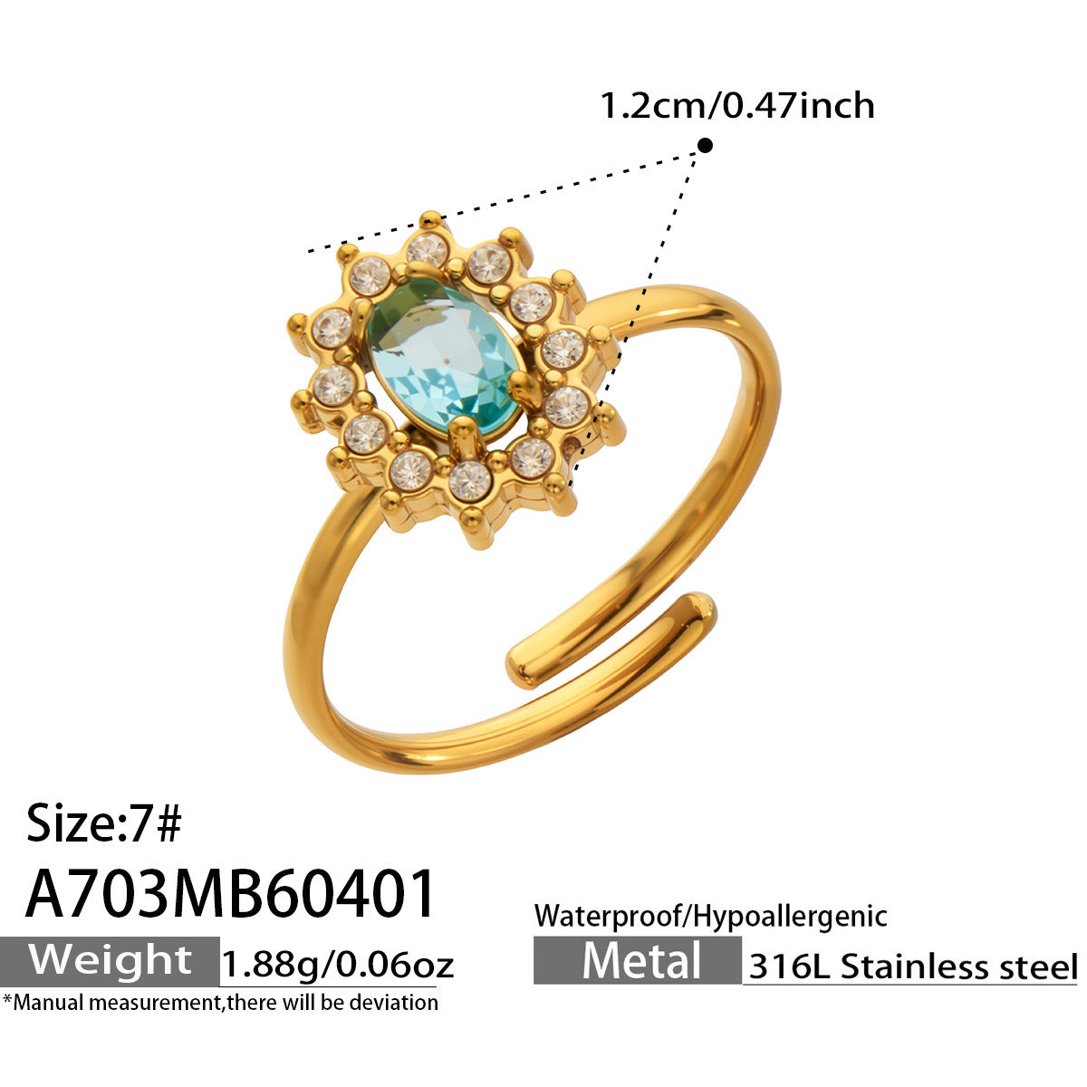 316L Stainless Steel 18K Gold PVD Colored Glass Flower Open Ring - Colored Glass Flower, Open Ring, Zircon Stone, Elegant, Fashion Band Wholesale Stainless Steel Jewelry - Sensitive Skin Friendly - Detail 15