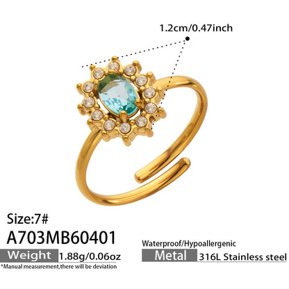 316L Stainless Steel 18K Gold PVD Colored Glass Flower Open Ring - Colored Glass Flower, Open Ring, Zircon Stone, Elegant, Fashion Band Wholesale Stainless Steel Jewelry - Sensitive Skin Friendly - Detail 15