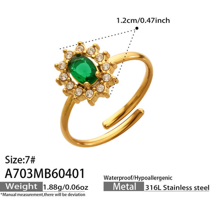 316L Stainless Steel 18K Gold PVD Colored Glass Flower Open Ring - Colored Glass Flower, Open Ring, Zircon Stone, Elegant, Fashion Band Wholesale Stainless Steel Jewelry - Sensitive Skin Friendly - Detail 16