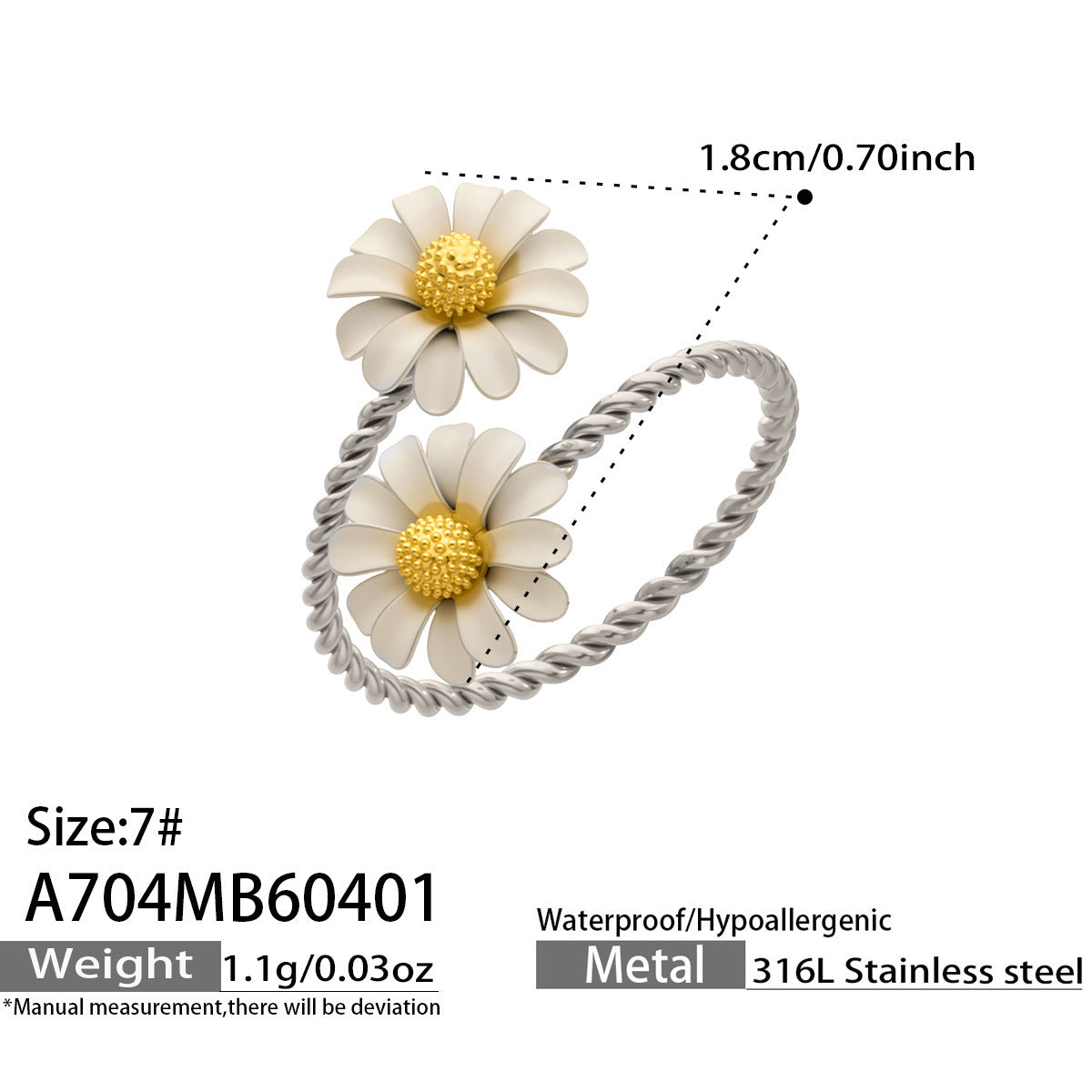 316L Stainless Steel 18K Gold PVD Colored Glass Flower Open Ring - Colored Glass Flower, Open Ring, Zircon Stone, Elegant, Fashion Band Wholesale Stainless Steel Jewelry - Sensitive Skin Friendly - Detail 17