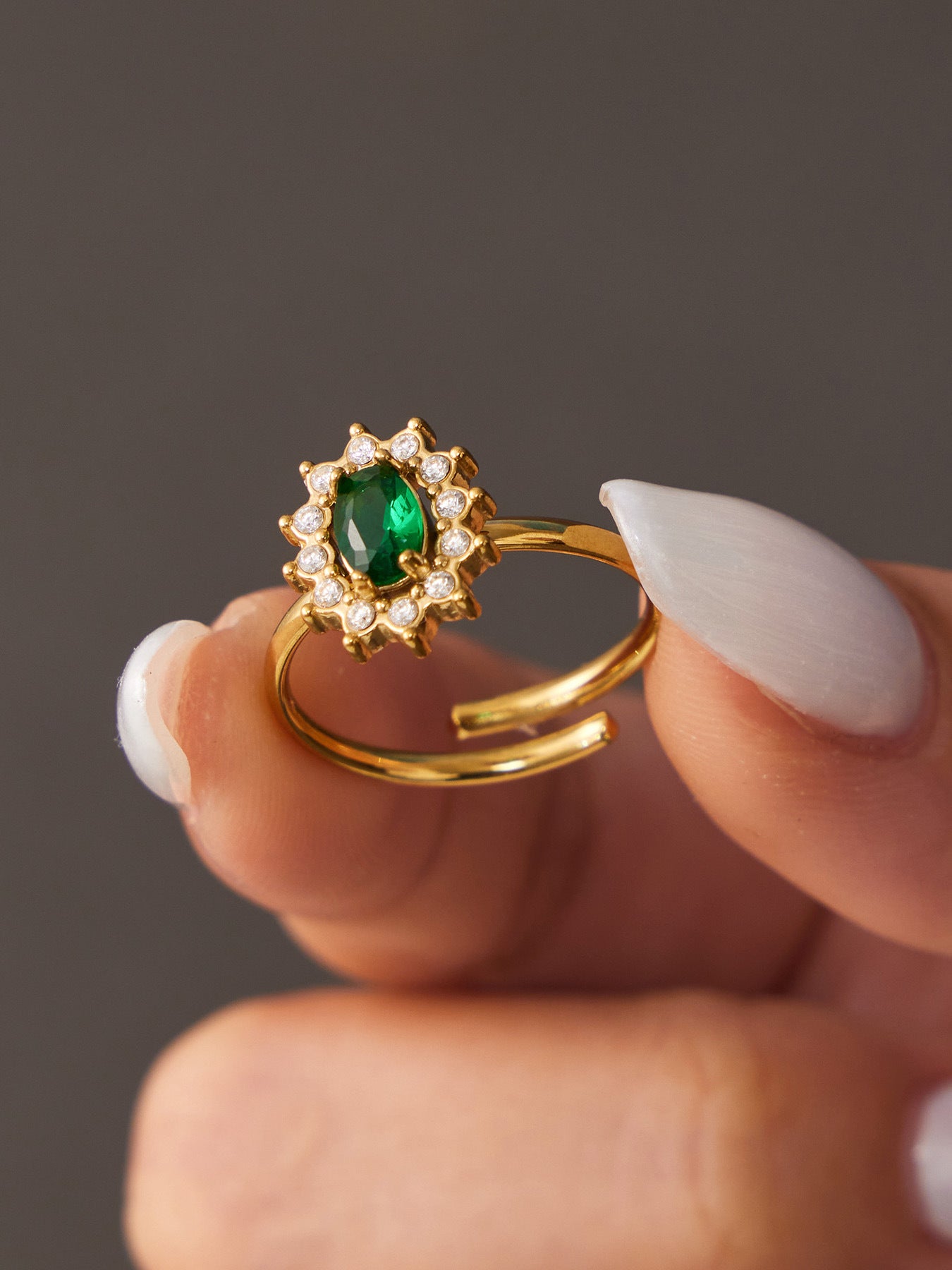 316L Stainless Steel 18K Gold PVD Colored Glass Flower Open Ring - Colored Glass Flower, Open Ring, Zircon Stone, Elegant, Fashion Band Wholesale Stainless Steel Jewelry - Sensitive Skin Friendly - Detail 18