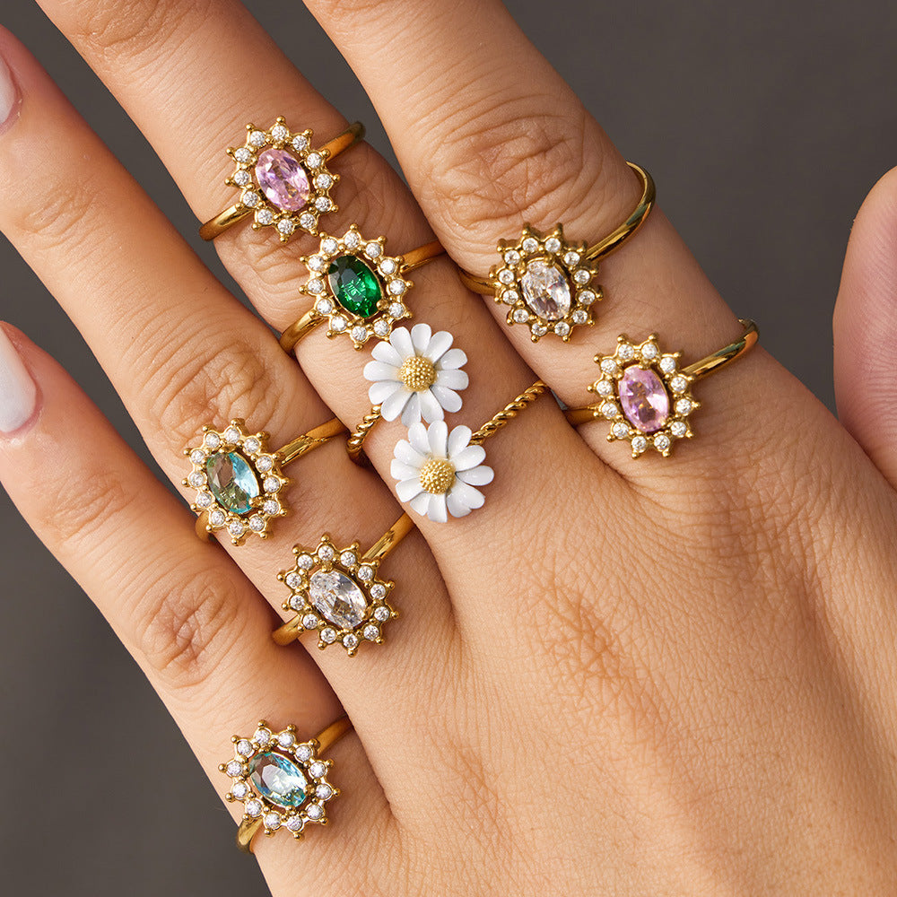 316L Stainless Steel 18K Gold PVD Colored Glass Flower Open Ring - Colored Glass Flower, Open Ring, Zircon Stone, Elegant, Fashion Band Wholesale Stainless Steel Jewelry - Sensitive Skin Friendly - Detail 19