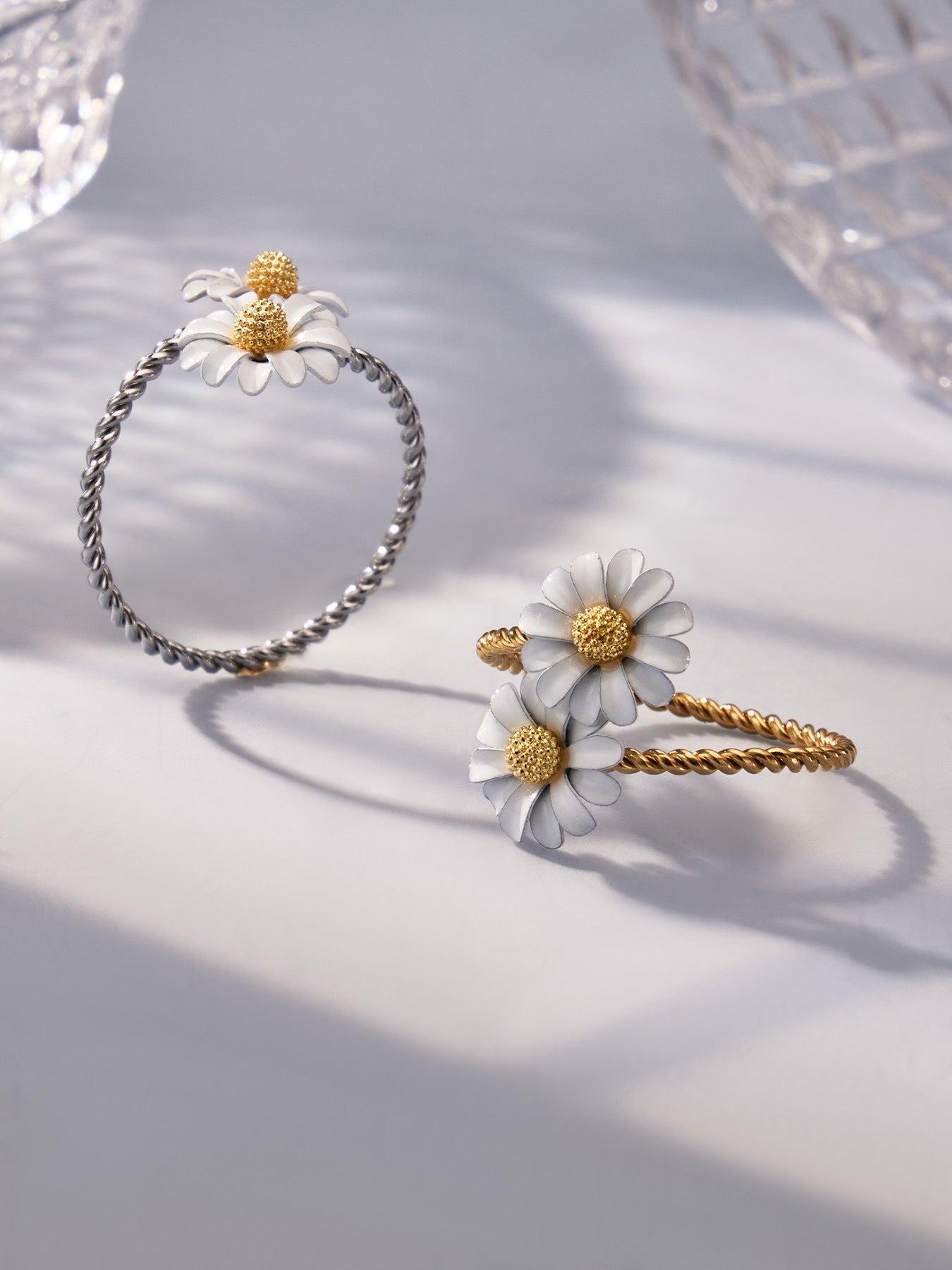 316L Stainless Steel 18K Gold PVD Colored Glass Flower Open Ring - Colored Glass Flower, Open Ring, Zircon Stone, Elegant, Fashion Band Wholesale Stainless Steel Jewelry - Sensitive Skin Friendly - Detail 20