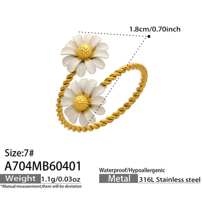 316L Stainless Steel 18K Gold PVD Colored Glass Flower Open Ring - Colored Glass Flower, Open Ring, Zircon Stone, Elegant, Fashion Band Wholesale Stainless Steel Jewelry - Sensitive Skin Friendly - Detail 3