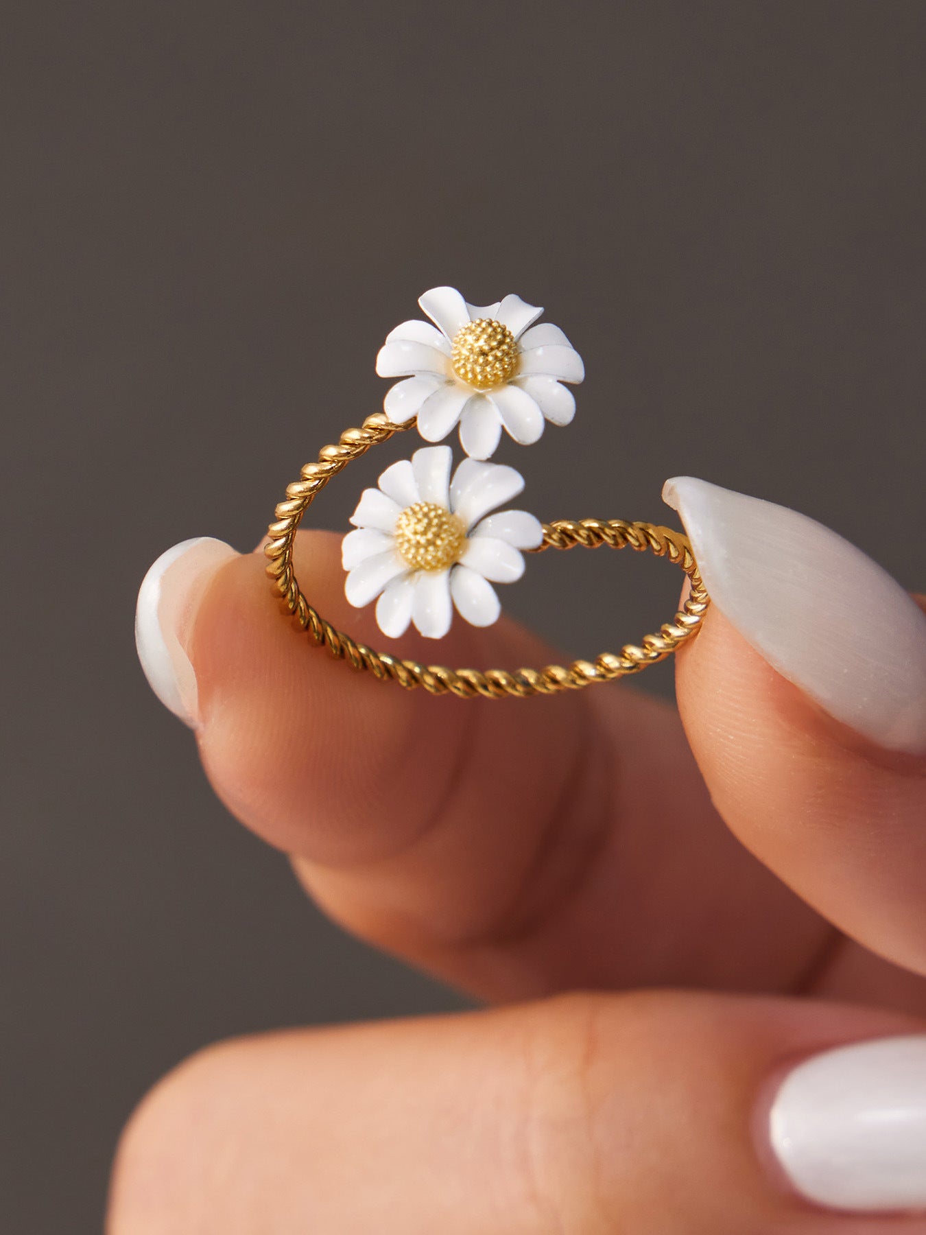 316L Stainless Steel 18K Gold PVD Colored Glass Flower Open Ring - Colored Glass Flower, Open Ring, Zircon Stone, Elegant, Fashion Band Wholesale Stainless Steel Jewelry - Sensitive Skin Friendly - Detail 4