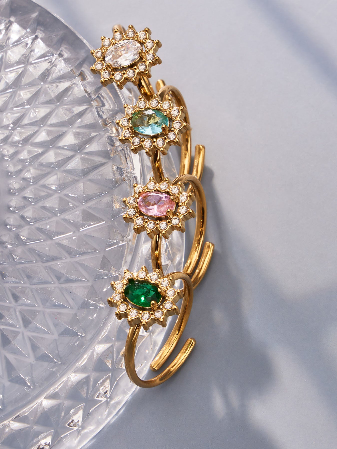 316L Stainless Steel 18K Gold PVD Colored Glass Flower Open Ring - Colored Glass Flower, Open Ring, Zircon Stone, Elegant, Fashion Band Wholesale Stainless Steel Jewelry - Sensitive Skin Friendly - Detail 5