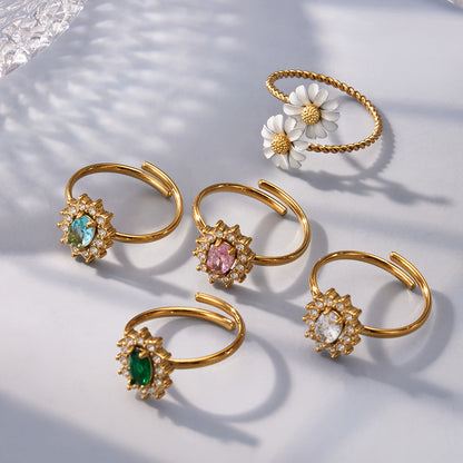 316L Stainless Steel 18K Gold PVD Colored Glass Flower Open Ring - Colored Glass Flower, Open Ring, Zircon Stone, Elegant, Fashion Band Wholesale Stainless Steel Jewelry - Sensitive Skin Friendly - Detail 6