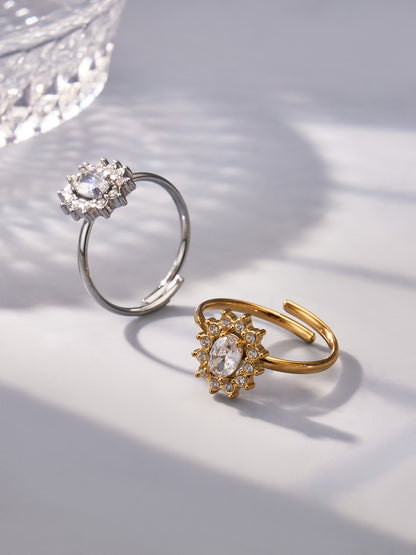 316L Stainless Steel 18K Gold PVD Colored Glass Flower Open Ring - Colored Glass Flower, Open Ring, Zircon Stone, Elegant, Fashion Band Wholesale Stainless Steel Jewelry - Sensitive Skin Friendly - Detail 7