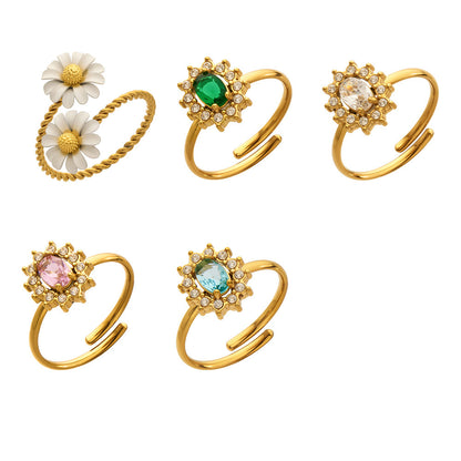 316L Stainless Steel 18K Gold PVD Colored Glass Flower Open Ring - Colored Glass Flower, Open Ring, Zircon Stone, Elegant, Fashion Band Wholesale Stainless Steel Jewelry - Sensitive Skin Friendly - Detail 8