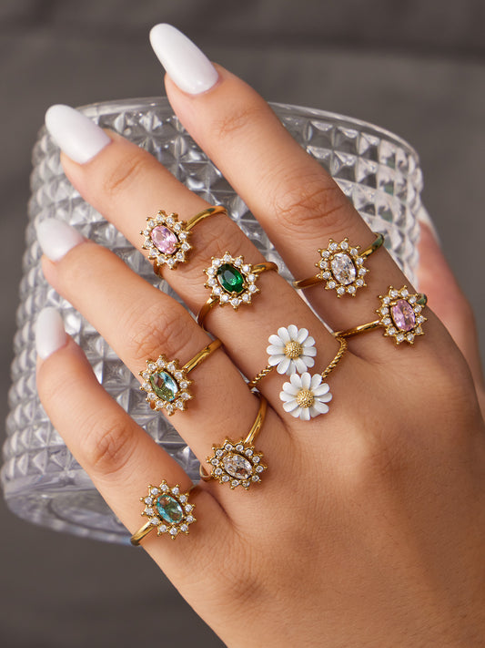 316L Stainless Steel 18K Gold PVD Colored Glass Flower Open Ring - Colored Glass Flower, Open Ring, Zircon Stone, Elegant, Fashion Band Wholesale Stainless Steel Jewelry - Sensitive Skin Friendly - Detail 9