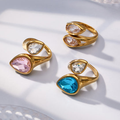 316L Stainless Steel 18K Gold PVD Colored Glass Stone Ring - Colored Glass Stone, Gold Band, Minimalist, Zircon Accent Wholesale Stainless Steel Jewelry - Sensitive Skin Friendly - Detail 10
