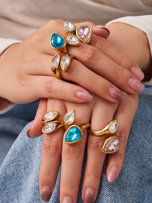 316L Stainless Steel 18K Gold PVD Colored Glass Stone Ring - Colored Glass Stone, Gold Band, Minimalist, Zircon Accent Wholesale Stainless Steel Jewelry - Sensitive Skin Friendly - Detail 11