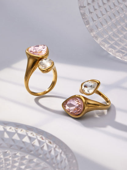 316L Stainless Steel 18K Gold PVD Colored Glass Stone Ring - Colored Glass Stone, Gold Band, Minimalist, Zircon Accent Wholesale Stainless Steel Jewelry - Sensitive Skin Friendly - Detail 14