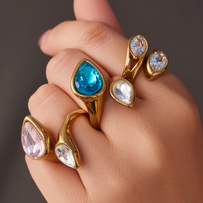 316L Stainless Steel 18K Gold PVD Colored Glass Stone Ring - Colored Glass Stone, Gold Band, Minimalist, Zircon Accent Wholesale Stainless Steel Jewelry - Sensitive Skin Friendly - Detail 15