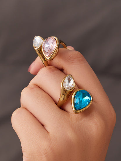 316L Stainless Steel 18K Gold PVD Colored Glass Stone Ring - Colored Glass Stone, Gold Band, Minimalist, Zircon Accent Wholesale Stainless Steel Jewelry - Sensitive Skin Friendly - Detail 16