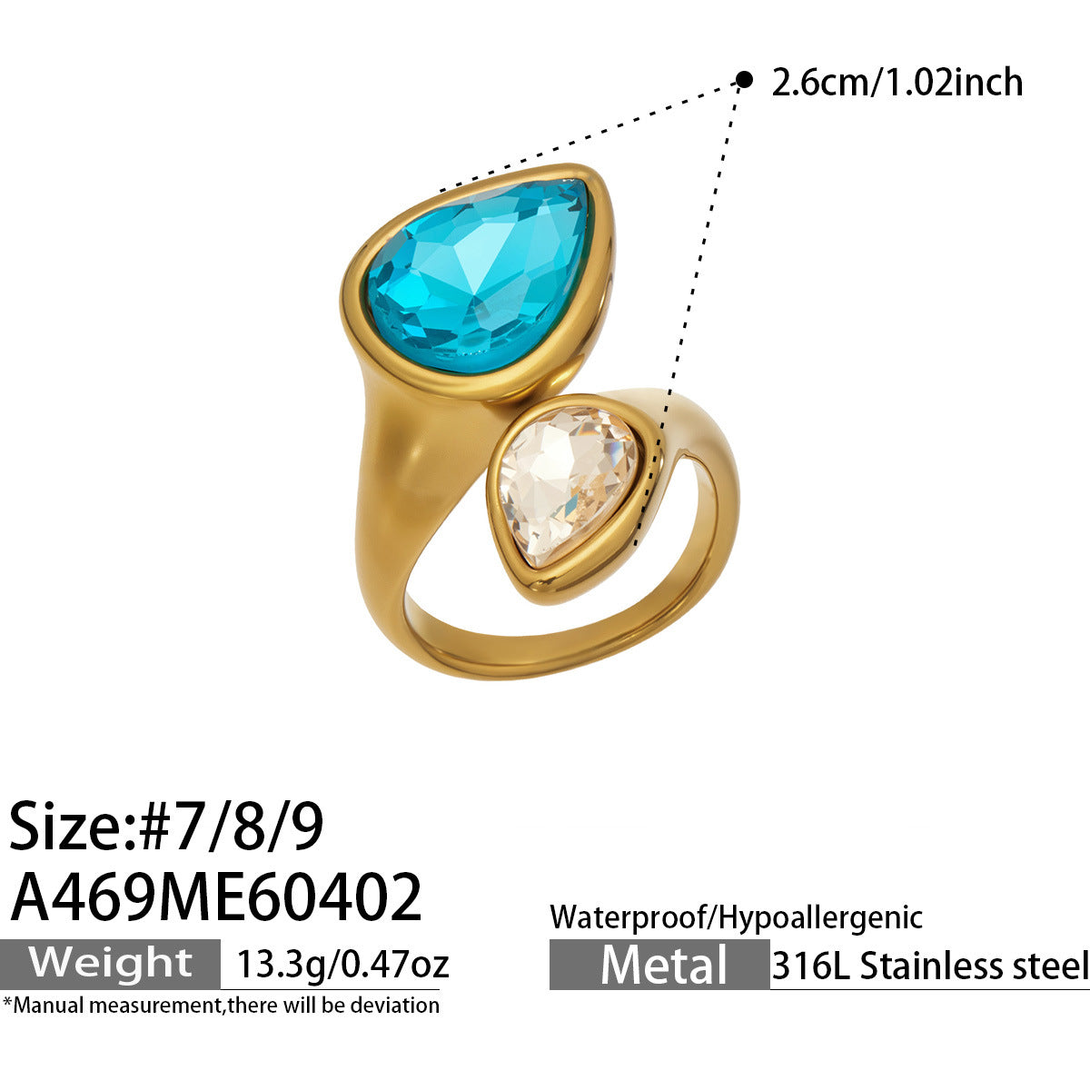 316L Stainless Steel 18K Gold PVD Colored Glass Stone Ring - Colored Glass Stone, Gold Band, Minimalist, Zircon Accent Wholesale Stainless Steel Jewelry - Sensitive Skin Friendly - Detail 2