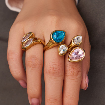 316L Stainless Steel 18K Gold PVD Colored Glass Stone Ring - Colored Glass Stone, Gold Band, Minimalist, Zircon Accent Wholesale Stainless Steel Jewelry - Sensitive Skin Friendly - Detail 6