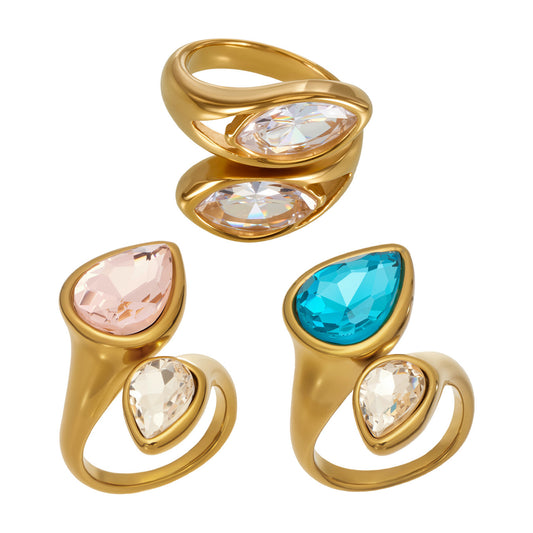316L Stainless Steel 18K Gold PVD Colored Glass Stone Ring - Colored Glass Stone, Gold Band, Minimalist, Zircon Accent Wholesale Stainless Steel Jewelry - Sensitive Skin Friendly - Detail 8