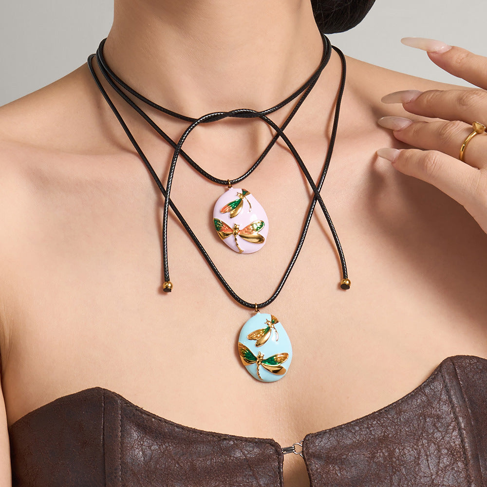316L Stainless Steel 18K Gold PVD Colorful Enamel Dragonfly Pendant Necklace - Colorful Enamel Dragonfly, Long Adjustable Necklace Wholesale Stainless Steel Jewelry - Sensitive Skin Friendly - Detail 12
