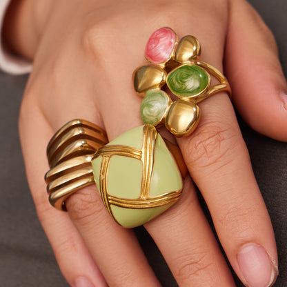 316L Stainless Steel 18K Gold PVD Colorful Enamel Statement Ring - Colorful Enamel Drip Artistic Statement Wholesale Stainless Steel Jewelry - Sensitive Skin Friendly - Detail 11
