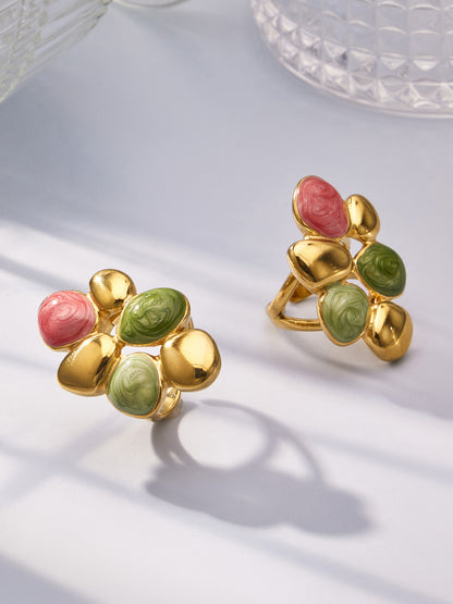 316L Stainless Steel 18K Gold PVD Colorful Enamel Statement Ring - Colorful Enamel Drip Artistic Statement Wholesale Stainless Steel Jewelry - Sensitive Skin Friendly - Detail 13