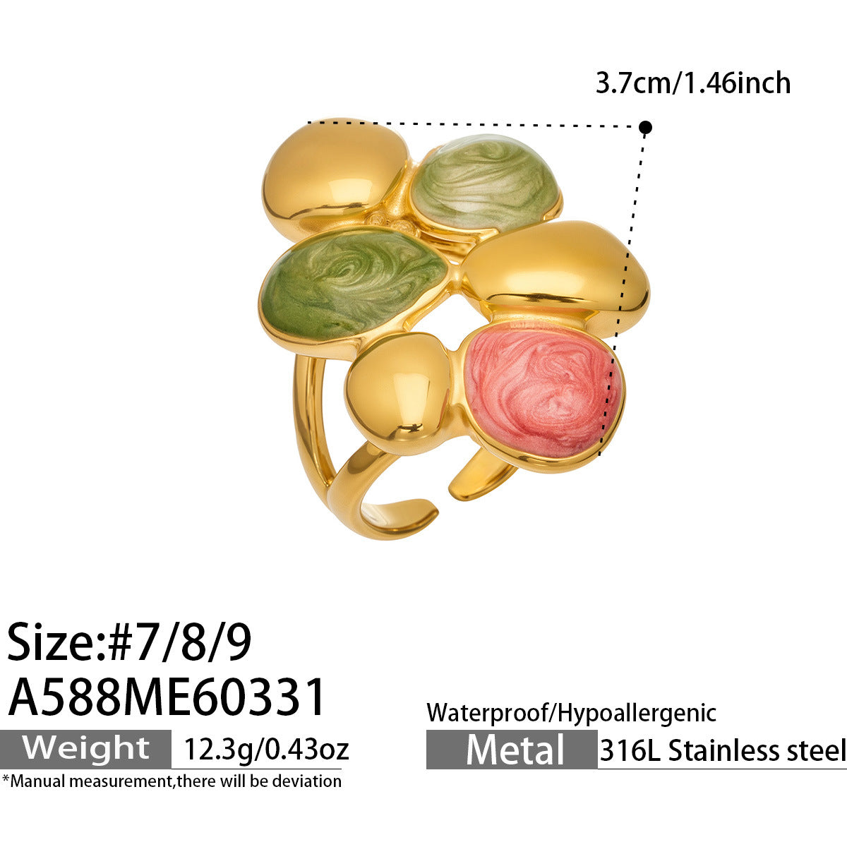 316L Stainless Steel 18K Gold PVD Colorful Enamel Statement Ring - Colorful Enamel Drip Artistic Statement Wholesale Stainless Steel Jewelry - Sensitive Skin Friendly - Detail 16