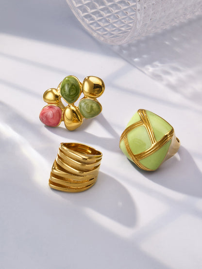 316L Stainless Steel 18K Gold PVD Colorful Enamel Statement Ring - Colorful Enamel Drip Artistic Statement Wholesale Stainless Steel Jewelry - Sensitive Skin Friendly - Detail 2