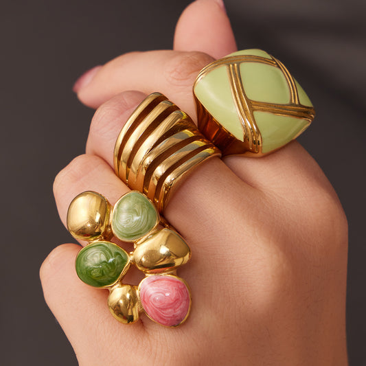316L Stainless Steel 18K Gold PVD Colorful Enamel Statement Ring - Colorful Enamel Drip Artistic Statement Wholesale Stainless Steel Jewelry - Sensitive Skin Friendly - Detail 5