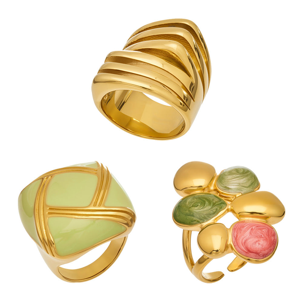 316L Stainless Steel 18K Gold PVD Colorful Enamel Statement Ring - Colorful Enamel Drip Artistic Statement Wholesale Stainless Steel Jewelry - Sensitive Skin Friendly - Detail 8