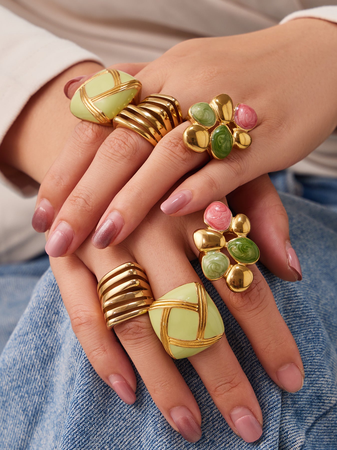 316L Stainless Steel 18K Gold PVD Colorful Enamel Statement Ring - Colorful Enamel Drip Artistic Statement Wholesale Stainless Steel Jewelry - Sensitive Skin Friendly - Detail 9
