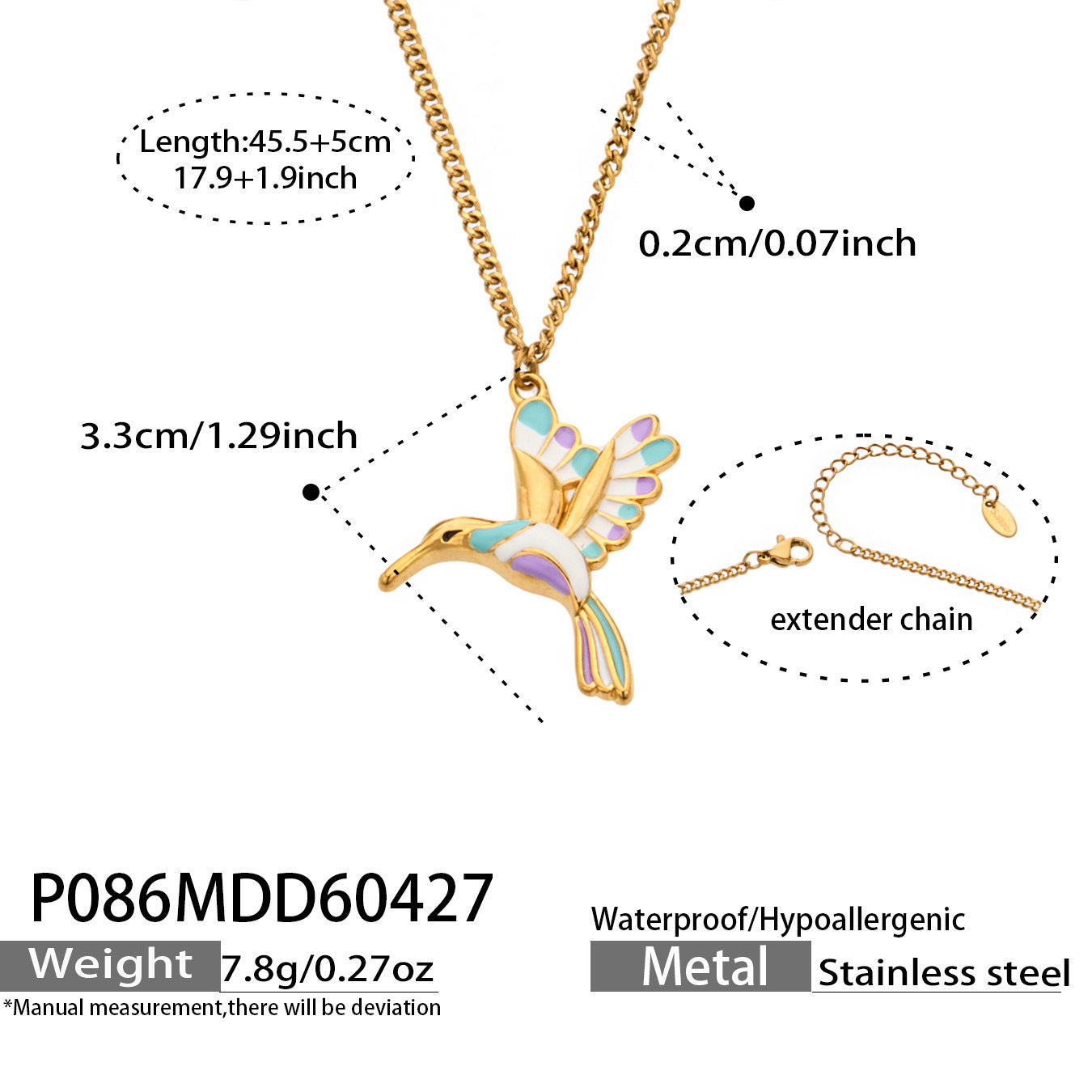 316L Stainless Steel 18K Gold PVD Colorful Flying Bird Pendant Necklace - Colorful Flying Bird Pendant Wholesale Stainless Steel Jewelry - Sensitive Skin Friendly - Detail 6