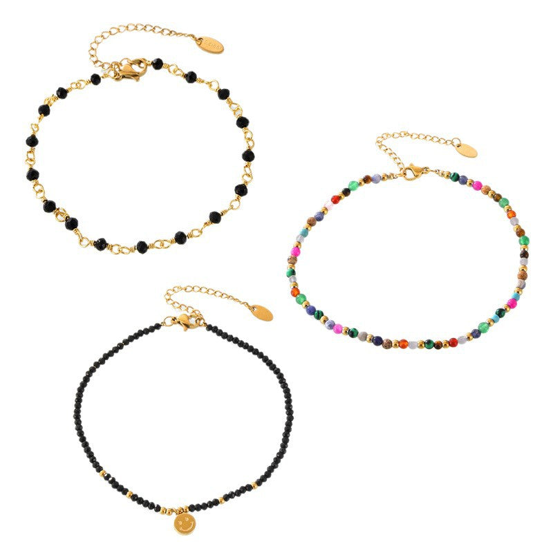 18K gold PVD plated 316L stainless steel colorful natural stone beaded anklet set, adjustable extender, waterproof hypoallergenic handmade minimalist summer jewelry for wholesale