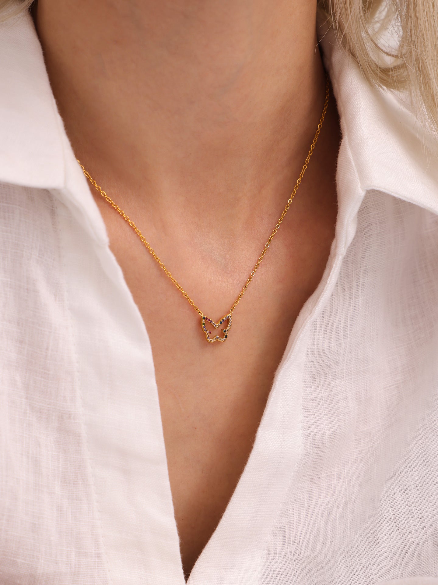 316L Stainless Steel 18K Gold PVD Colorful Zircon Butterfly Necklace - Colorful Zircon, Butterfly Pendant, Delicate Necklace, Minimalist Wholesale Stainless Steel Jewelry - Sensitive Skin Friendly - Detail 1