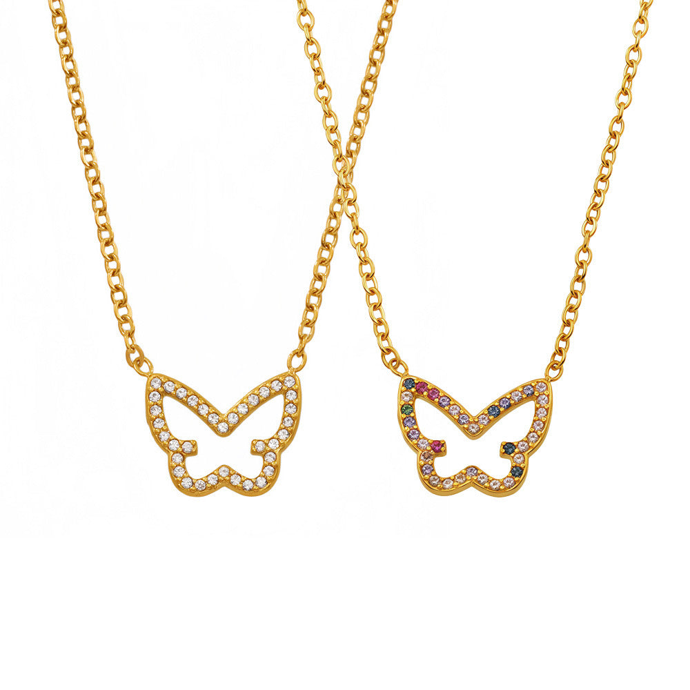 316L Stainless Steel 18K Gold PVD Colorful Zircon Butterfly Necklace - Colorful Zircon, Butterfly Pendant, Delicate Necklace, Minimalist Wholesale Stainless Steel Jewelry - Sensitive Skin Friendly - Detail 10