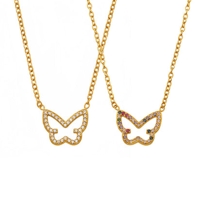 316L Stainless Steel 18K Gold PVD Colorful Zircon Butterfly Necklace - Colorful Zircon, Butterfly Pendant, Delicate Necklace, Minimalist Wholesale Stainless Steel Jewelry - Sensitive Skin Friendly - Detail 10