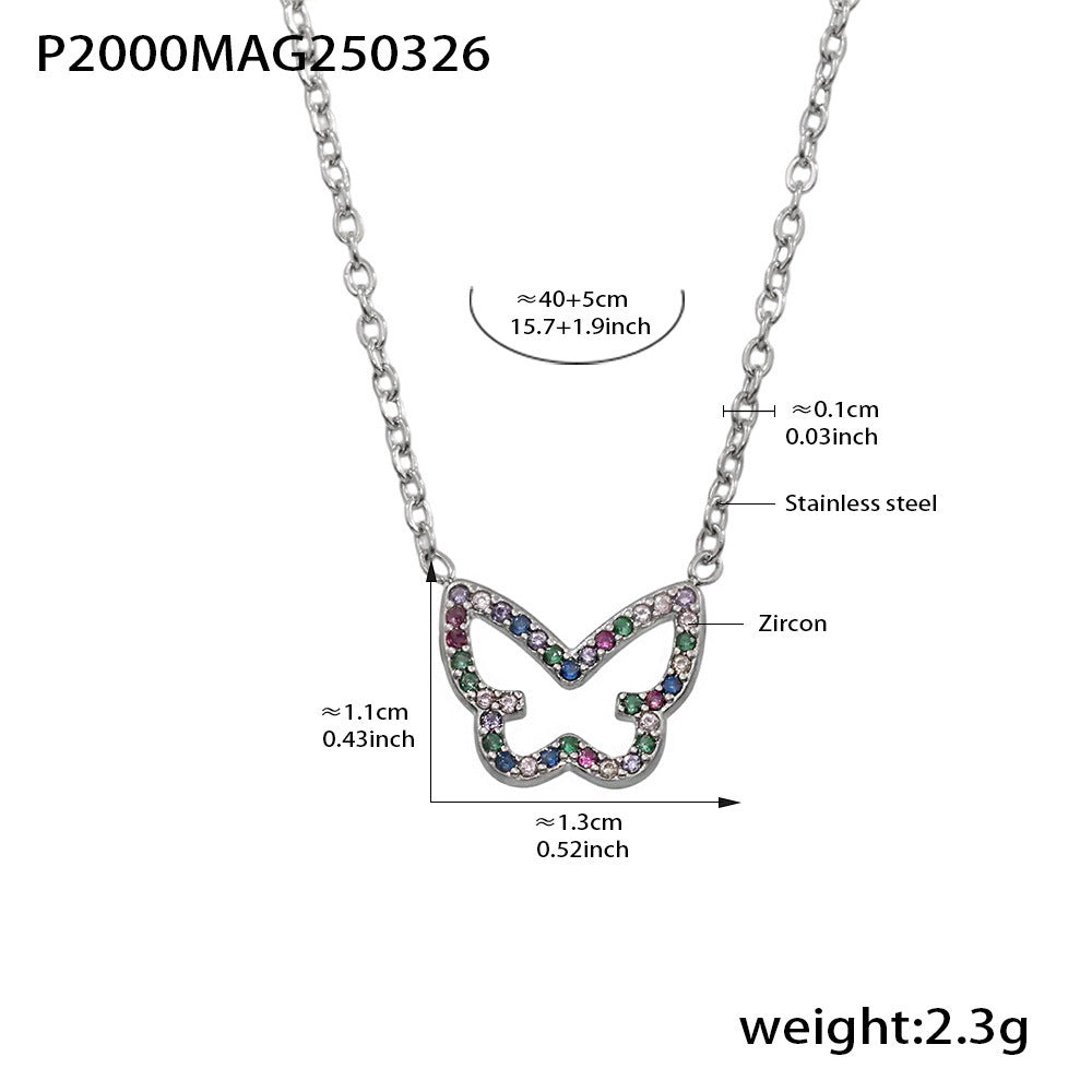 316L Stainless Steel 18K Gold PVD Colorful Zircon Butterfly Necklace - Colorful Zircon, Butterfly Pendant, Delicate Necklace, Minimalist Wholesale Stainless Steel Jewelry - Sensitive Skin Friendly - Detail 6