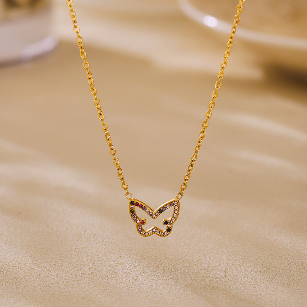 316L Stainless Steel 18K Gold PVD Colorful Zircon Butterfly Necklace - Colorful Zircon, Butterfly Pendant, Delicate Necklace, Minimalist Wholesale Stainless Steel Jewelry - Sensitive Skin Friendly - Detail 8
