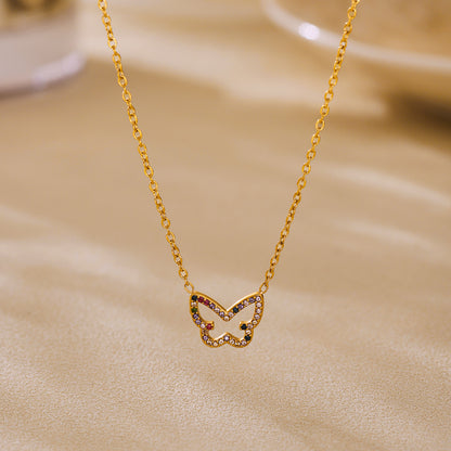 316L Stainless Steel 18K Gold PVD Colorful Zircon Butterfly Necklace - Colorful Zircon, Butterfly Pendant, Delicate Necklace, Minimalist Wholesale Stainless Steel Jewelry - Sensitive Skin Friendly - Detail 8