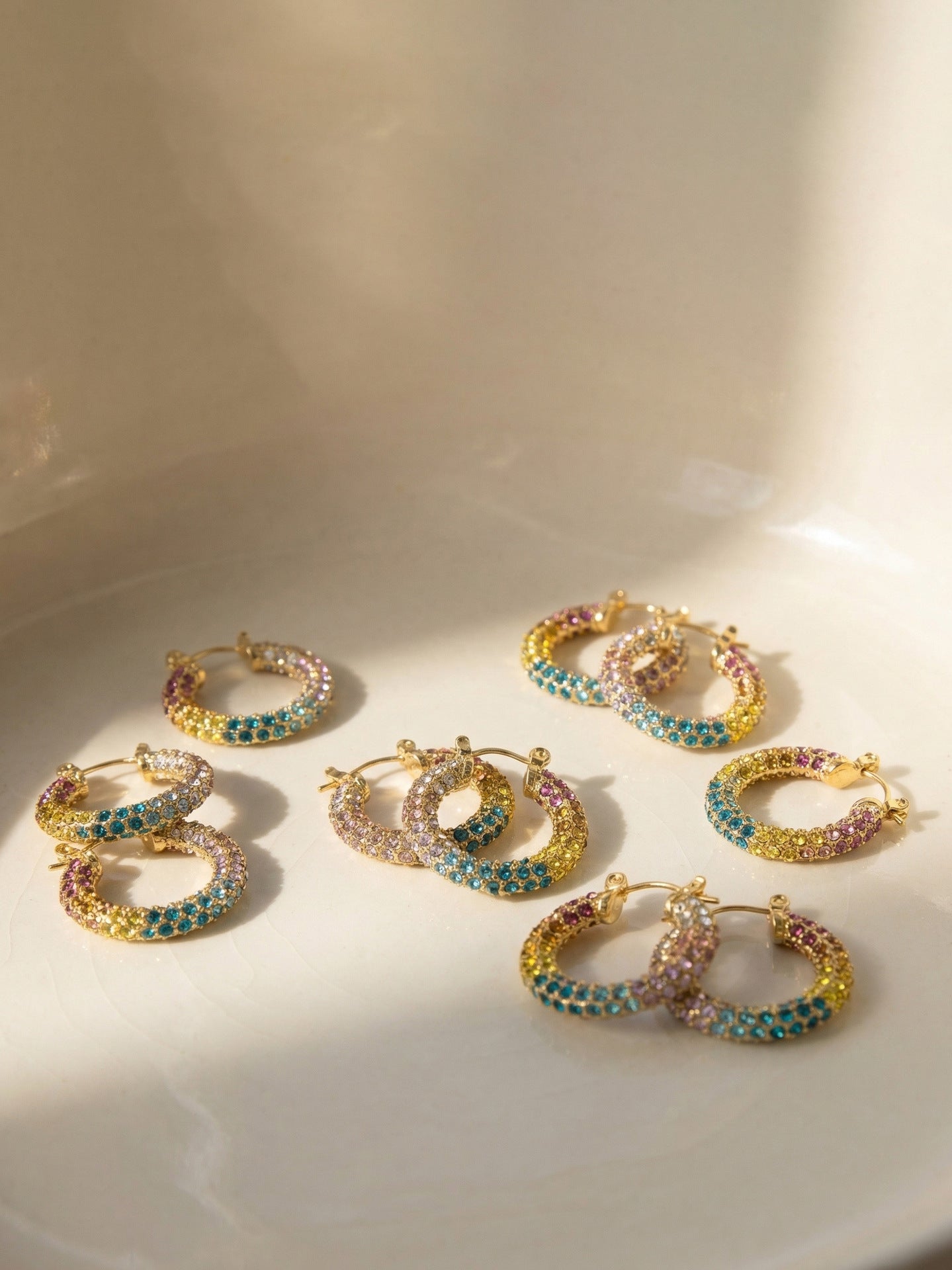 316L Stainless Steel 18K Gold PVD Colorful Zircon Rainbow Contrast Hoop Earrings - Colorful Zircon, Rainbow Contrast, Hoop Earrings, Gold PVD, Niche Design Wholesale Stainless Steel Jewelry - Sensitive Skin Friendly - Detail 10