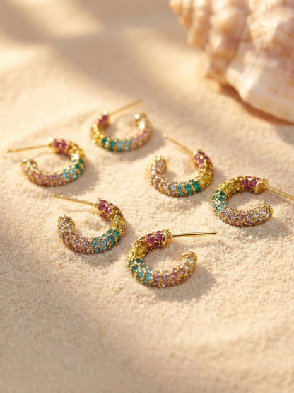 316L Stainless Steel 18K Gold PVD Colorful Zircon Rainbow Contrast Hoop Earrings - Colorful Zircon, Rainbow Contrast, Hoop Earrings, Gold PVD, Niche Design Wholesale Stainless Steel Jewelry - Sensitive Skin Friendly - Detail 2