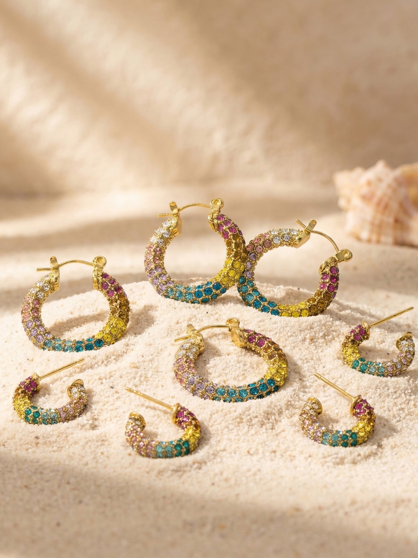 316L Stainless Steel 18K Gold PVD Colorful Zircon Rainbow Contrast Hoop Earrings - Colorful Zircon, Rainbow Contrast, Hoop Earrings, Gold PVD, Niche Design Wholesale Stainless Steel Jewelry - Sensitive Skin Friendly - Detail 6